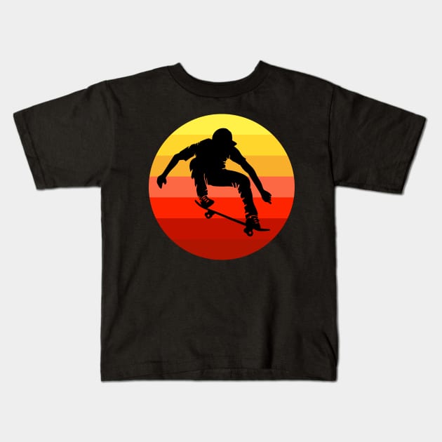 Extreme skateboarder flying in front of retro vintage sunset Kids T-Shirt by Cat In Orbit ®